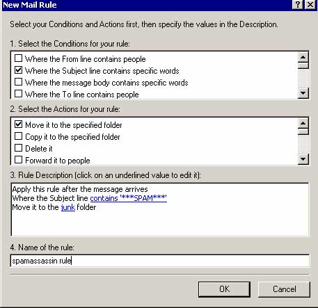 An image showing the creation of the correct rule in Outlook Express 6